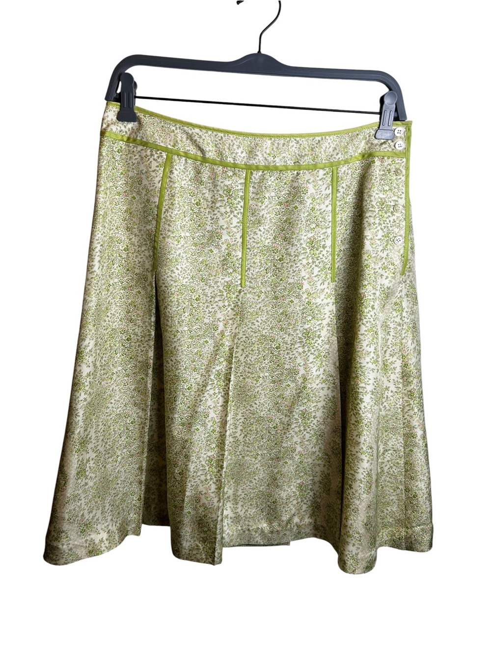 Ann Taylor Silk Ditsy Floral Midi Green Pink Skirt Cottagecore Pleated Size 8